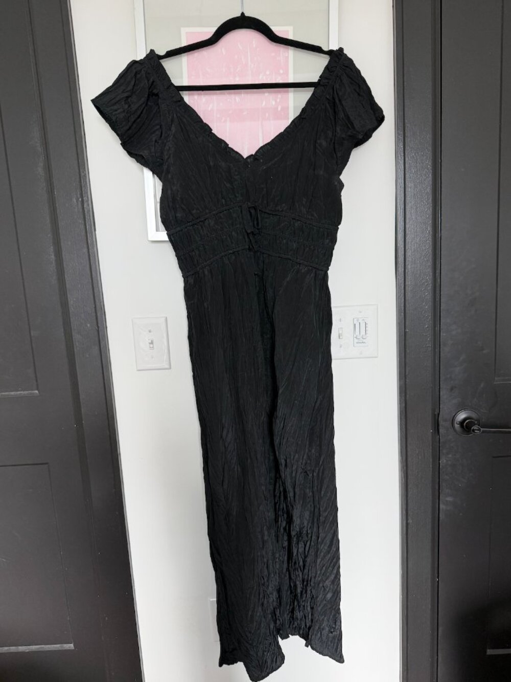 J.Crew Palermo Dress Black Crinkle A-Line V-Neck Tie Waist Medium
